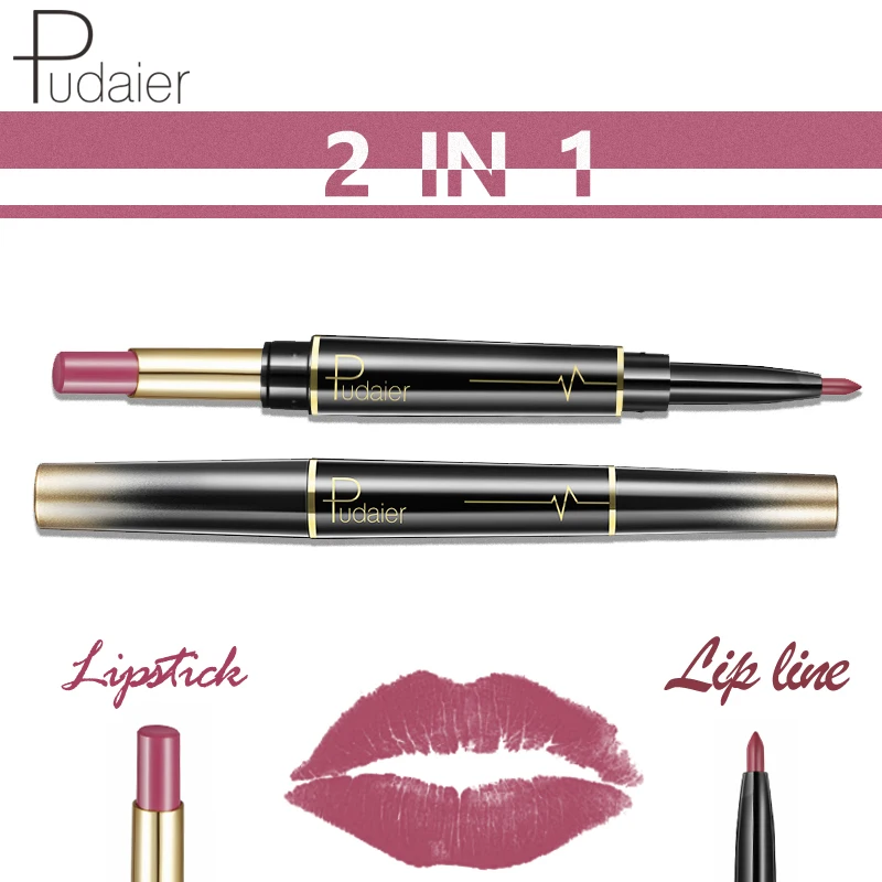 

Pudaier 1PC 16Colors Double Head Fashion Lipstick Pencil Waterproof Makeup Tool Half Matte Lip Stick Velvet Liquid Lipsticks