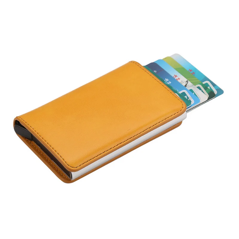 Автоматически всплывающий мужской кожаный кредитный держатель для Карт RFID блокирующий металлический алюминиевый чехол для ID карты мини-Органайзер Кошелек - Цвет: Yellow