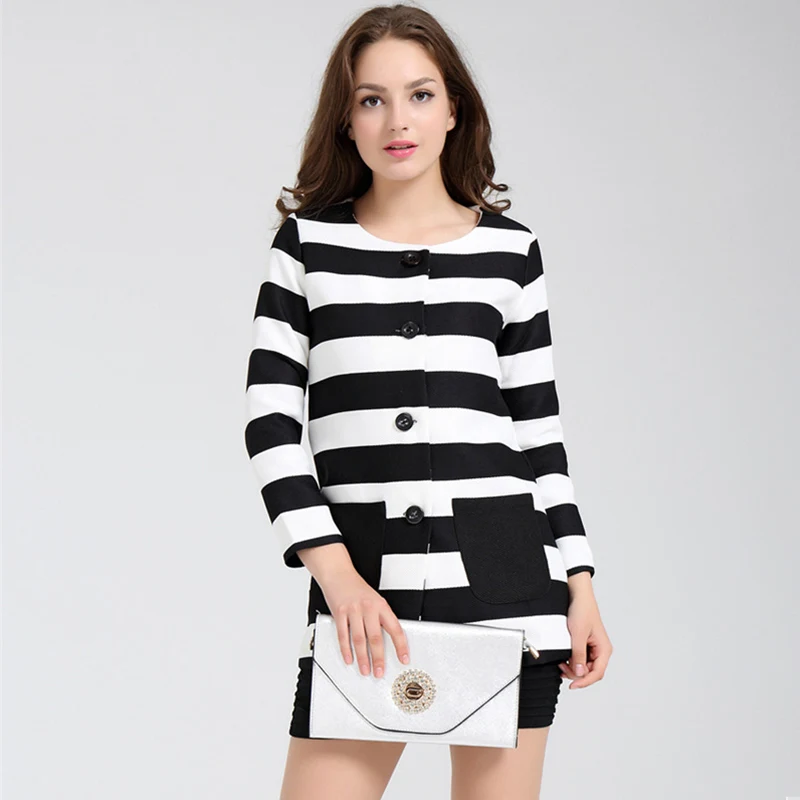 Plus Size Striped Button Long Sleeve Women Jackets Patchwork Knitted Woman's Coats  2019 Winter Office Lady Clothes Female 4XL
