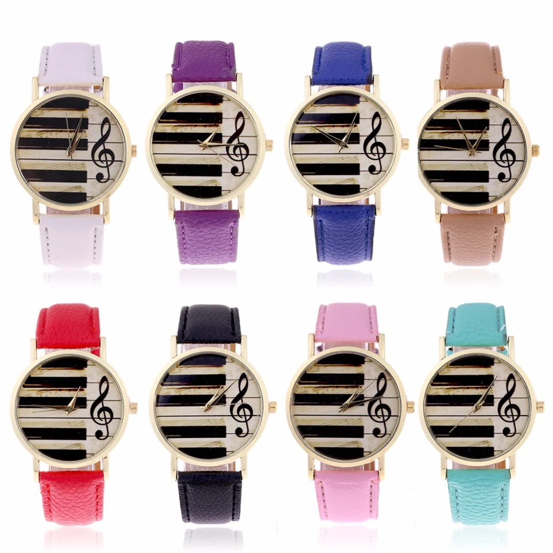 

Shellhard 8 colors Women Piano Keyboard Watches Round Stainless Steel G Clef Music Key Musical Note Dial Leather Wrist Watch