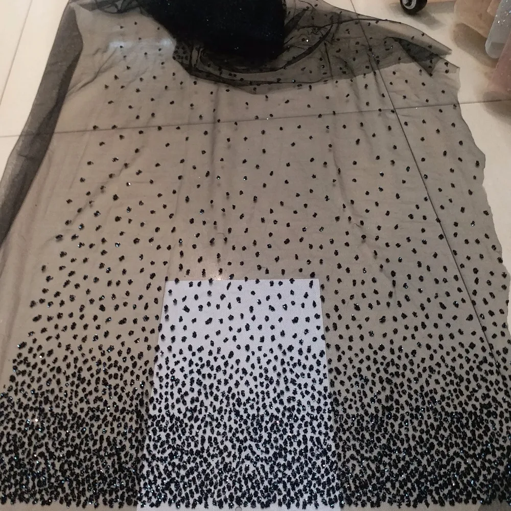 

5 yards hh002 black dobby sexy glued sparkle glitter mesh net tulle lace fabric for sawing /evening dress