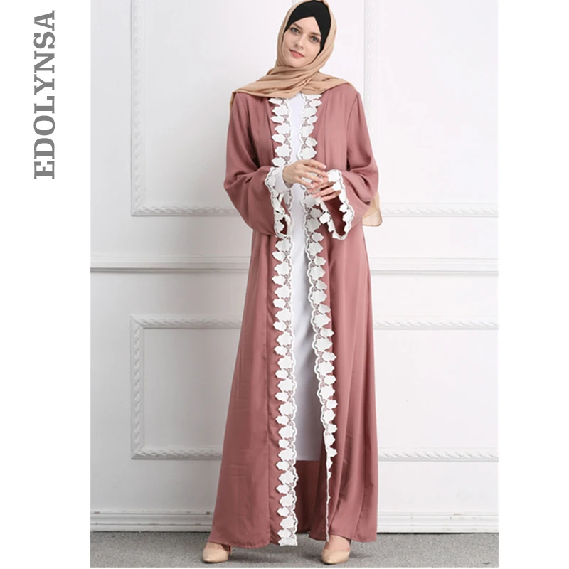 Розовое открытое кимоно Abaya в Дубае платье с поясом и вышивкой большие размеры