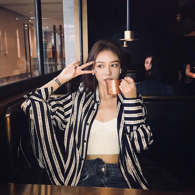 

Ribbon Striped Shirt Women's Spring 2019 Loose Shirt Heart Top O-Neck Striped Broadcloth Blouse Clothes Fashion Clothing Women