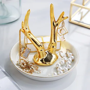 

European Jewelry Plate Decoration Cartoon Storage Tray Ceramic Bathroom Ring Necklace Rrack Antler Dressing Table Decorations