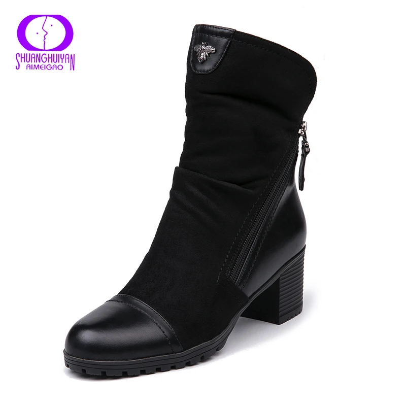AIMEIGAO/Новое поступление; ботинки на высоком каблуке; женские замшевые ботинки черного цвета с двойной молнией; женская обувь из плюша высокого качества