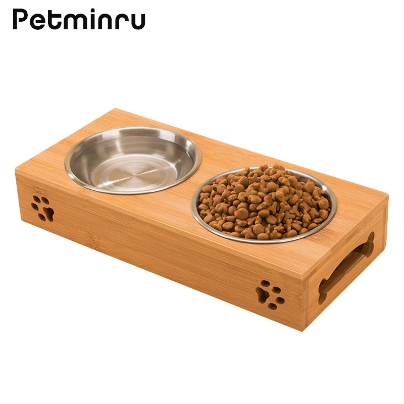 

Petminru pet dog bowl bamboo stainless steel double food water teddy dog feeder cat bowl pet food bowls