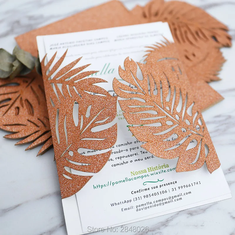 Индивидуальные Медные золотые тропические лазерная резка, для свадьбы приглашения, пальмовое дерево стиль приглашения, персонализированные печатные складывающиеся открытки