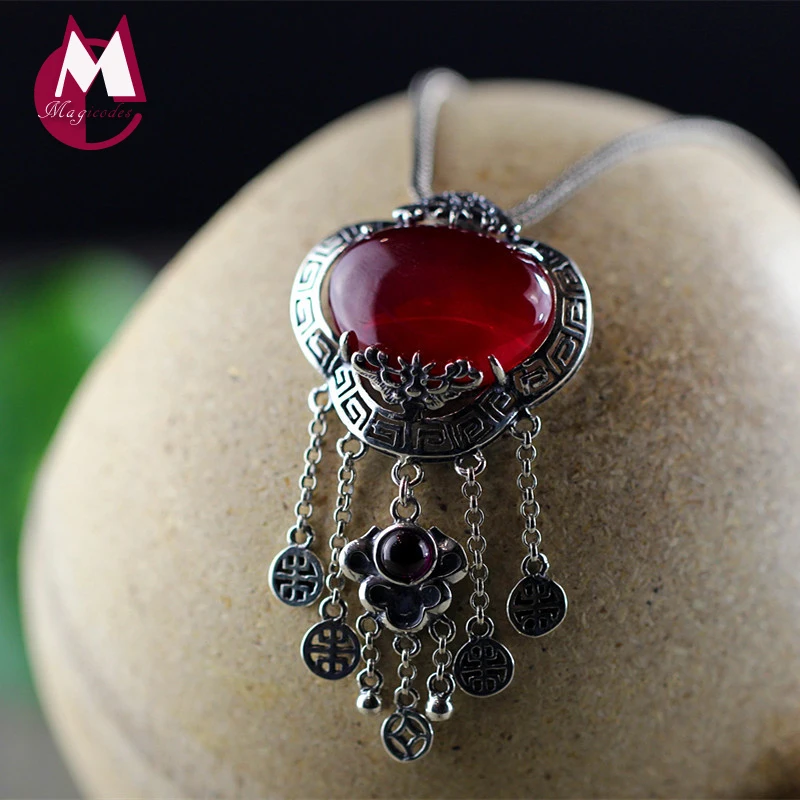 Кулон с кисточкой из натурального красного нефрита, Настоящее 925 пробы, серебряные ожерелья для женщин, Трендовое винтажное ювелирное изделие ручной работы SP01