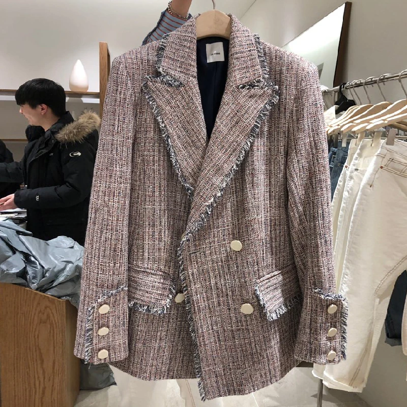 2019 Spring Tweed Plaid Women's Jacket Blazer Vintage Double Breasted Tassel Long Sleeve Office Blazers Jackets Female Outwear