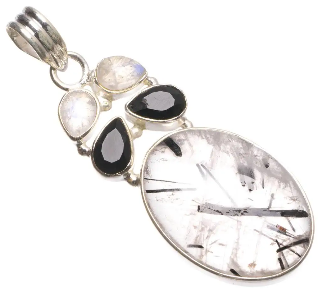 

Natural Tourmalinated Quartz,Rainbow Moonstone Black Onyx Unique 925 Sterling Silver Pendant 2 1/4" U0398