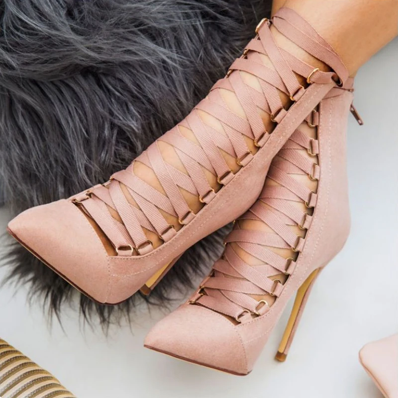 

Teahoo Summer Lace Up Gladiator Sandals Women Casual Flock High Heels Sandals Pointed Toe Boots Women Fashion Party Shoes Woman