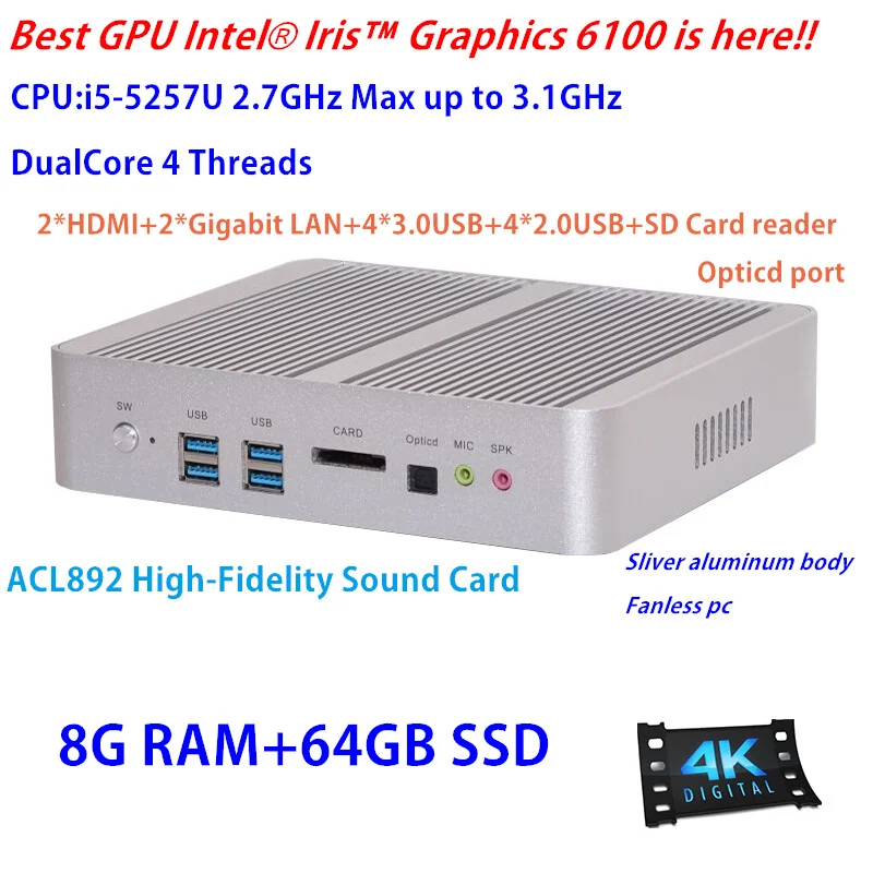Top GPU Iris Pro HD 6100 Broadwell Intel Core i5-5257u Fanless Gaming Mini PC with 8GB RAM+64GB SSD HTPC Hi-Fi Sound Card TV