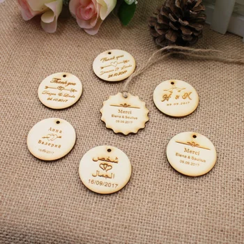 

Personalized custom Engraved wedding name and date Round Circle Hang Tags Rustic wooden Wedding Gift Tags+Jute String