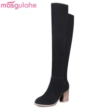 Masgulahe/ г.; осенне-зимние сапоги; женские ботфорты выше колена; сапоги до бедра с круглым носком; замшевые сапоги на высоком толстом каблуке на молнии