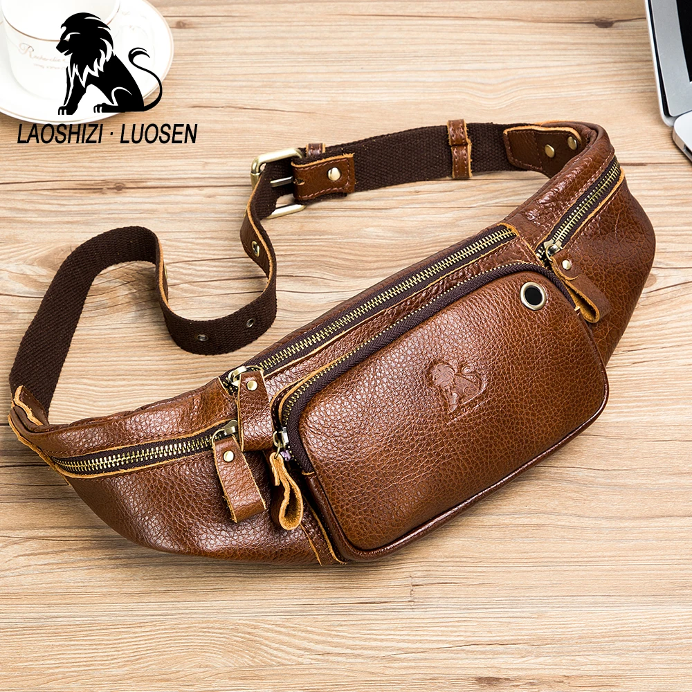

LAOSHIZI LUOSEN Cowhide Leather Mens Small Waist Bag Casual Design Cowhide Fashion Hook Bum Bag Waist Belt Pack Cigarette Case