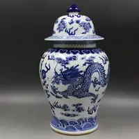 Jingdezhen ceramic jar Kangxi's year mark blue and white double dragon pattern general tank antique porcelain household 1