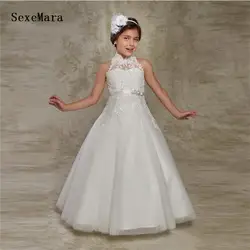 Белое Пышное Тюлевое платье с цветочным узором для девочек, платья для первого причастия для девочек, детское Пышное кружевное платье с