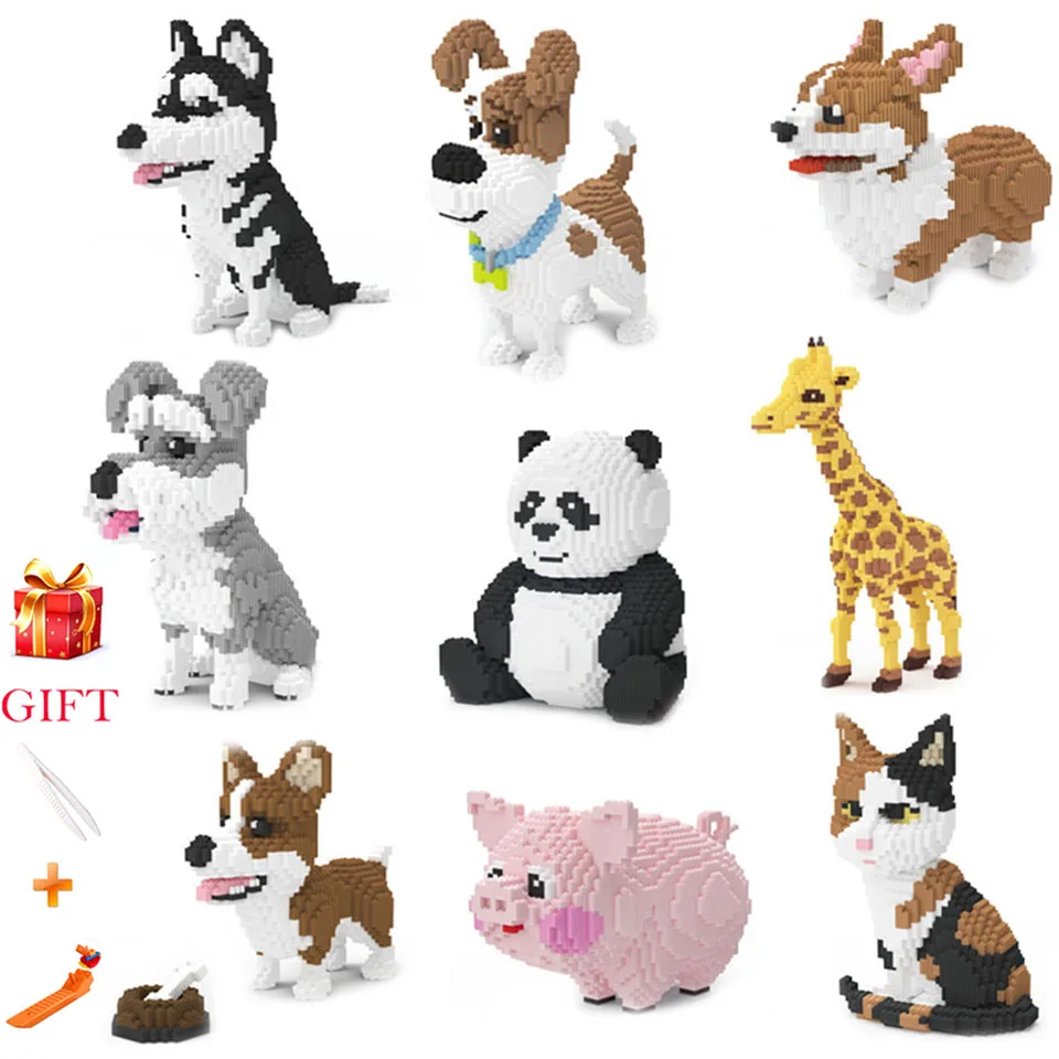 

Animal Pet Dog Building Blocks Model Large Size Panda Giraffe Husky Corgi Schnauzer Animal Model Toys World Kids Gift