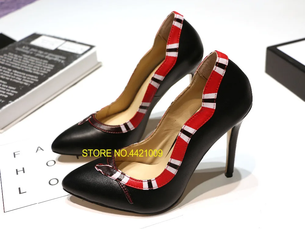 

Women Fashion Black Red Yellow Metallic Leather Snake Pumps Thin Heels Party Shoes Lady Roman Wedding Dress Prom Pumps