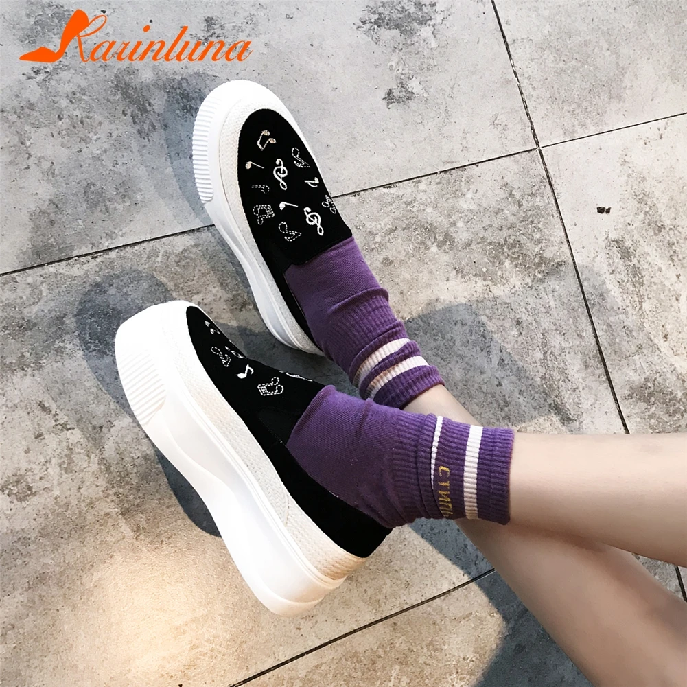 

KARINLUNA 2019 Spring New Natural Kid Suede Women Note Loafers slip-on Girl Flat Platform Shoes Woman Embroider Flats 33-42