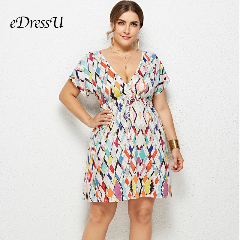 

2019 Women Summer Print Dress Plus Size Sexy V Cut Short Sleeves Holiday Beach Wear Casual Daily Dress eDressU LMT-6021