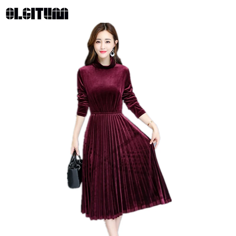 

New 2018 Autumn/Winter Women Gold Velvet Turleneck Long-sleeved Solid Color Pleated Dress Vestido M-3XL Female Red Blue Black