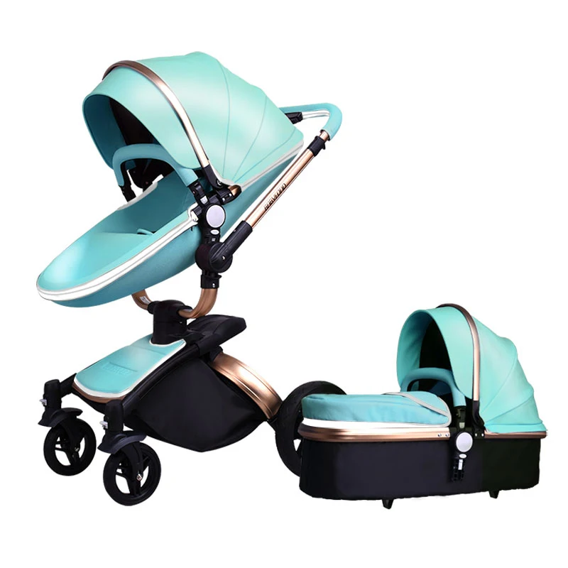 Babyfond 3 в 1 Роскошная Европейская детская коляска, кожаная Двусторонняя амортизационная коляска, брендовая детская коляска 2 в 1, золотисто-коричневая, бесплатные подарки - Цвет: Blue 2 IN 1