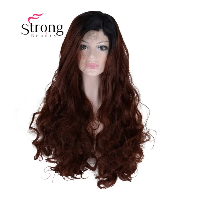 StrongBeauty Синтетические волосы на кружеве парики Ombre красный 2 тона темные корни длинные волнистые Glueless синтетические кружева парик Замена