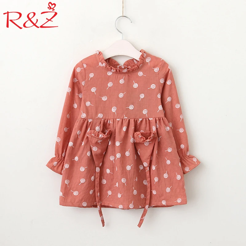 

R&Z Baby Girls Dresses 2018 Spring Korean Cotton O-neck Candy Printed Long-sleeved Dress for Kids Children's Clothing