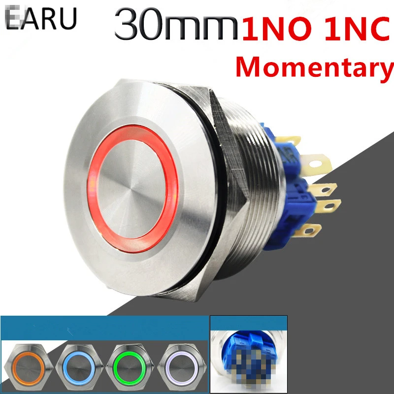 

1pc 30mm 1NO 1NC Metal Stainless Steel Waterproof Momentary Doorebll Horn LED Push Button Switch Car Auto Engine Start PC Power