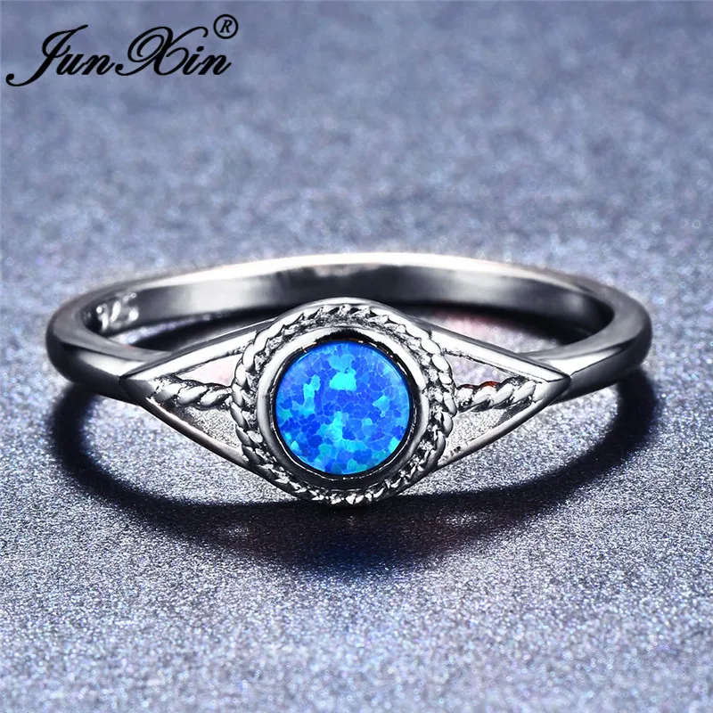 JUNXIN 925 Sterling Silver Filled Purple/Blue/White Fire Opal Rings For Women Round Birthstone Rainbow Evil Eye Wedding Ring