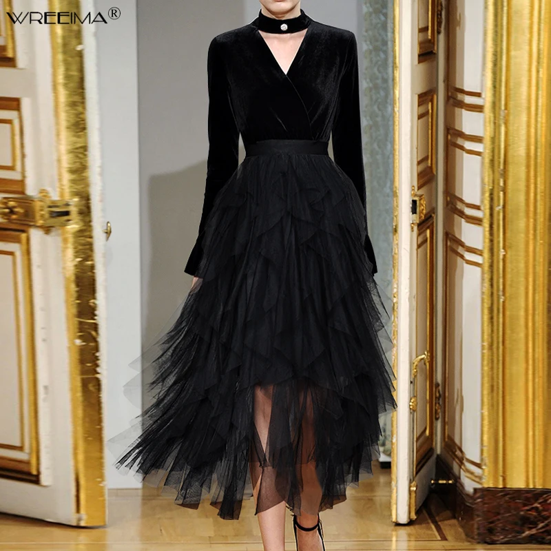 

wreeima Party Dress Woman 2019 Spring New O-Neck Velvet Patchwork Mesh High Waist Long Sleeved Slim Midi Cake Dress Elegant S-XL
