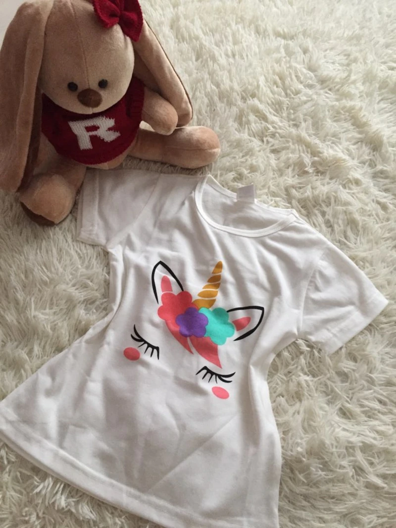 Летняя футболка с рисунком единорога для маленьких девочек; хлопковые топы с короткими рукавами; детская белая футболка; Размер От 1 до 6 лет; одежда для детей
