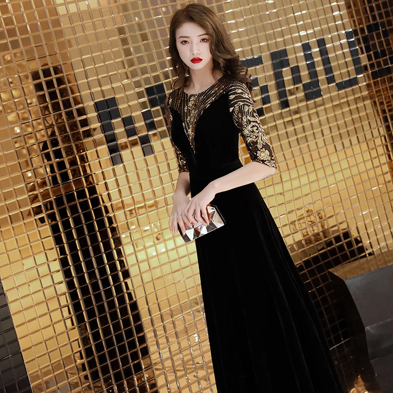 Robe de soiree черные велюровые вечерние платья с круглым вырезом Элегантные Бархатные