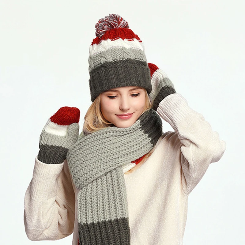 Maylisacc 3 шт. Женская зимняя обувь теплая вязаная шапка Кепки шарф с перчатки Модные для Для женщин Лидер продаж Рождественский подарок комплект