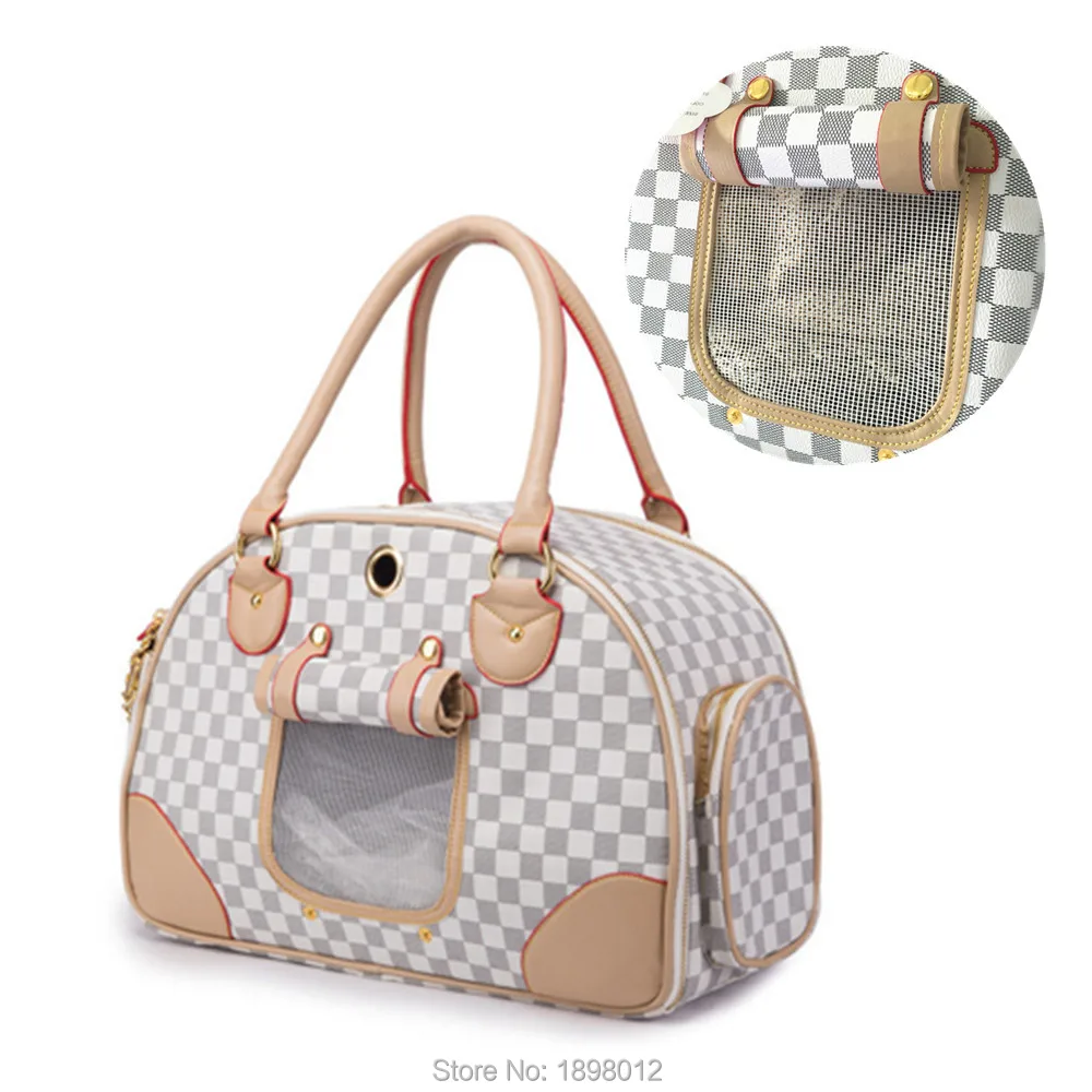 Classic Retro Pet Carrier Dog Bags White Plaid Leather Dog Carrier Tote