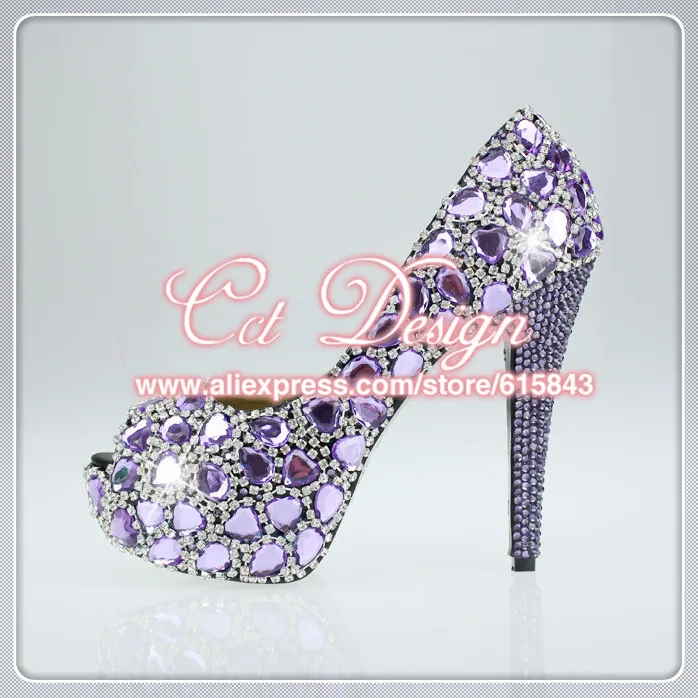 fashion peep toe platform glitter rhinestone purple high heels crystal bridal wedding dress