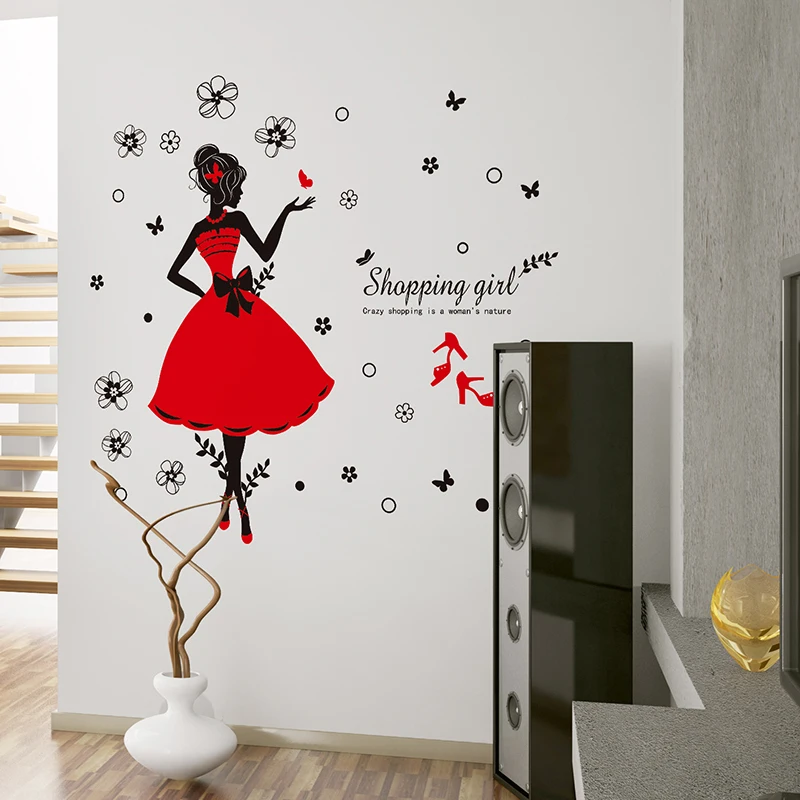 crazy shopping lady wall stickers shop decor pvc red skirt wall