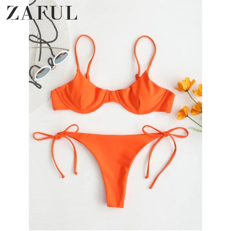  ZAFUL Tie Side Underwire Bikini Leaf High Cut Swimsuit Women Swimwear Sexy Unlined Spaghetti Straps