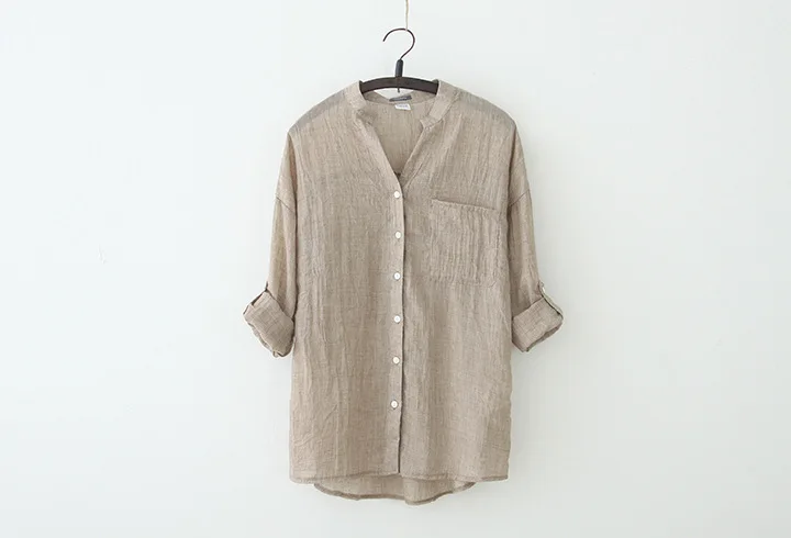 

Female Summer Hot Sale Solid Button Flax Straight Shirts Woman Spring Cardigan Breathable Loose Cotton Thin Blouse
