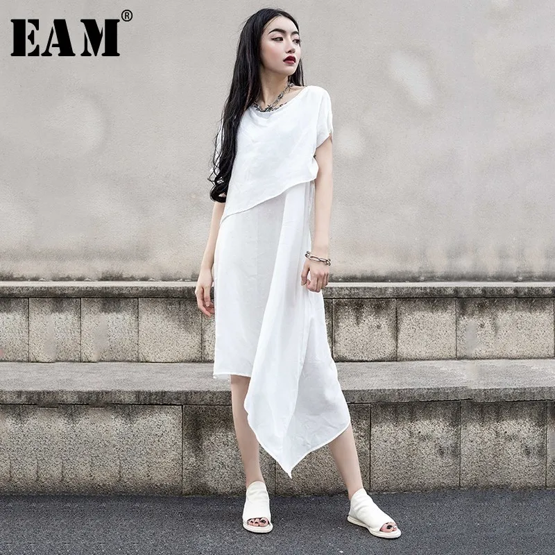 

[EAM] 2019 New Spring Summer Round Neck Short Sleeve Irregular Hem Thin Personality Two Piece Dress Women Fashion Tide JX721