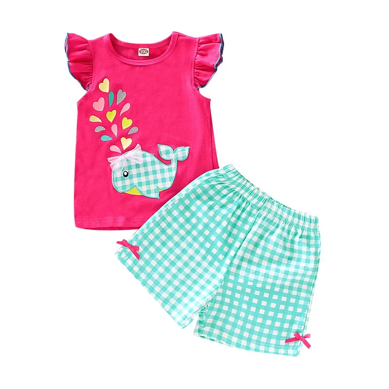 

Baby Girl Clothes Set 2019 Summer Kids Casual Cotton Butterfly Sleeve Print T Shirt + Plaid Shorts 2PCS Suits For Girls D20