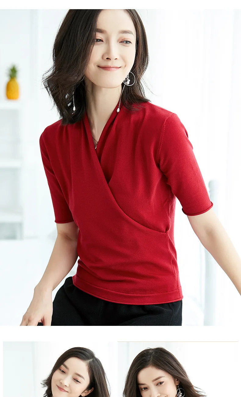 Новые модные офисные женские топы, футболка, однотонный пуловер с v-образным вырезом, трикотажная футболка, Повседневная футболка с коротким рукавом, XZ111