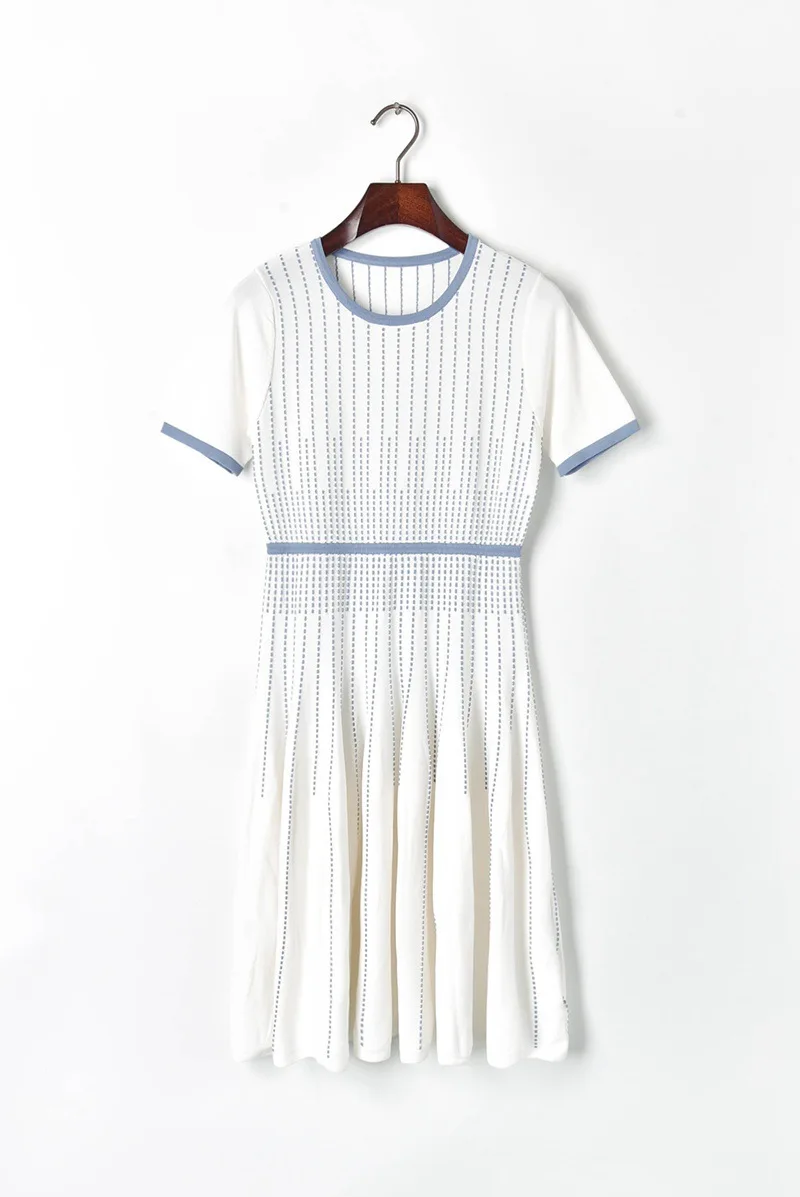 Высококачественное белое и синее платье с круглым вырезом и коротким рукавом, с геометрическим рисунком, до колена, осенне-зимнее платье, элегантное C-185