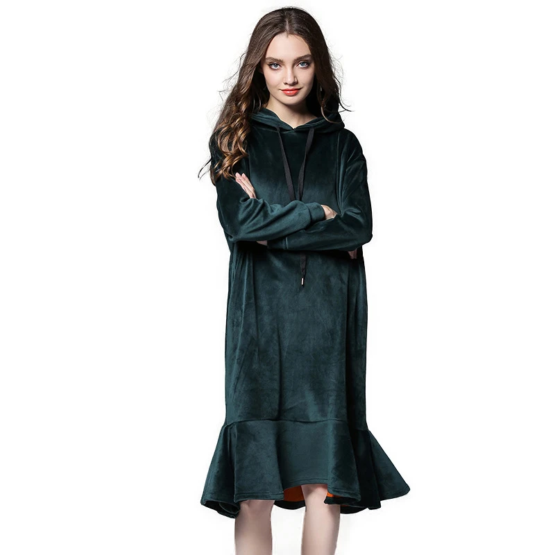 Thermal Warm Winter Dress Fleeced Women Hooded Long Velour Dresses Plus