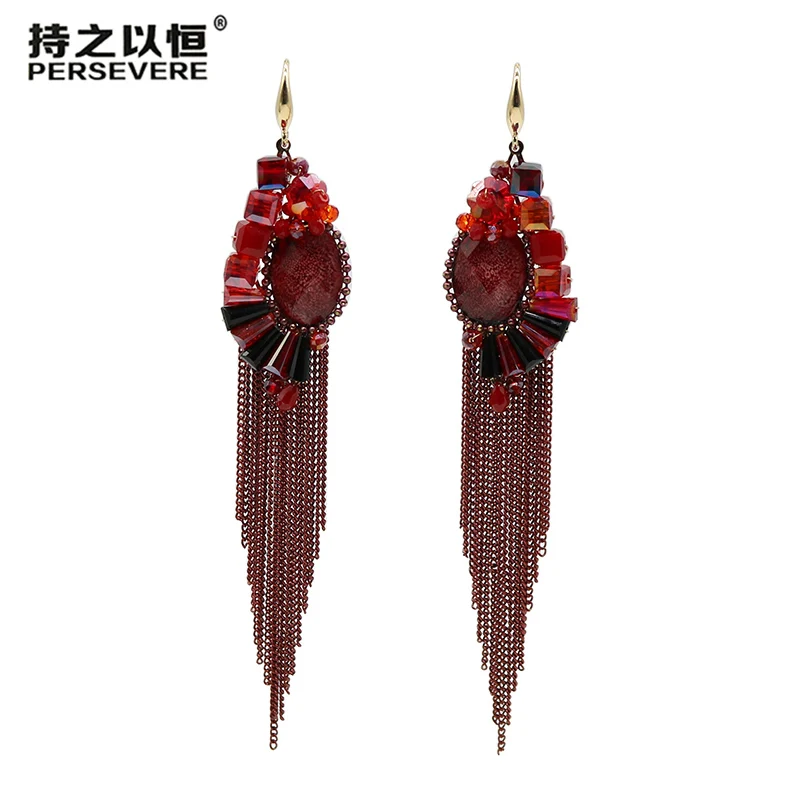 

4 Colors Crystal Stone Women Earrings 2019 Metal Chain Long Tassel Earrings Handmade Bohemian Jewelry oorbellen