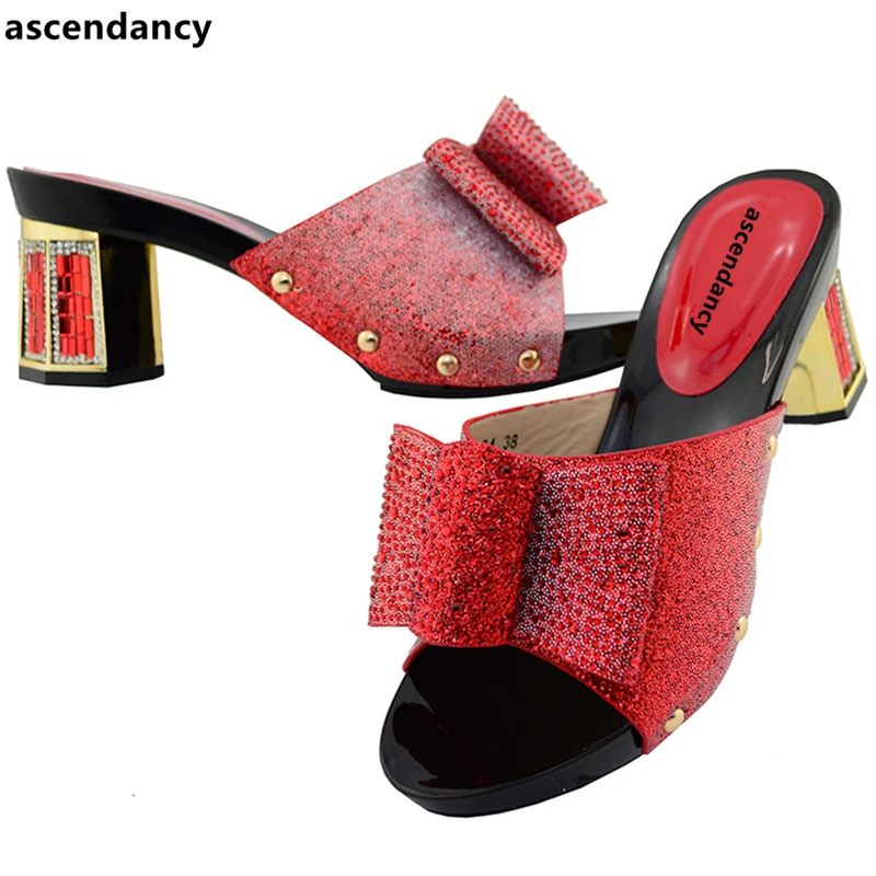 

Newest Design Red Color Italian Women Shoes for Party Rhinestone Evening Shoe African High Quality Summer Afircan Women Shoes