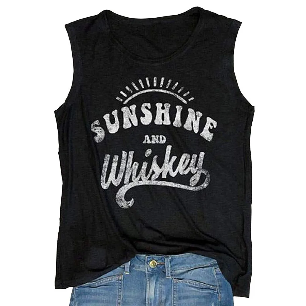 Женский топ без рукавов с круглым вырезом и надписью Sunshine And Whiskey майка туника