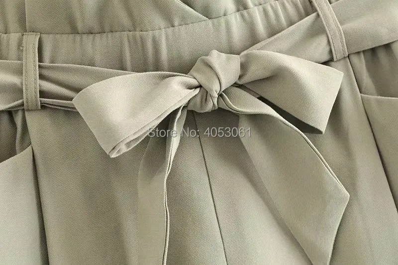 New Women Khaki Paperbag Trousers With Gathered Elastic Waistband- Lady Pleated Pants With Waist Tied Belt& Turn-up Hems