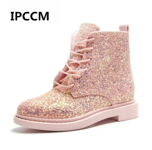 

IPCCM Ankle Women Boots Shoes Woman Ankle Boots Punk 2018 Spring Autumn Cow Leather Shoe Lace Up Pink Glitter Zapatos Mujer